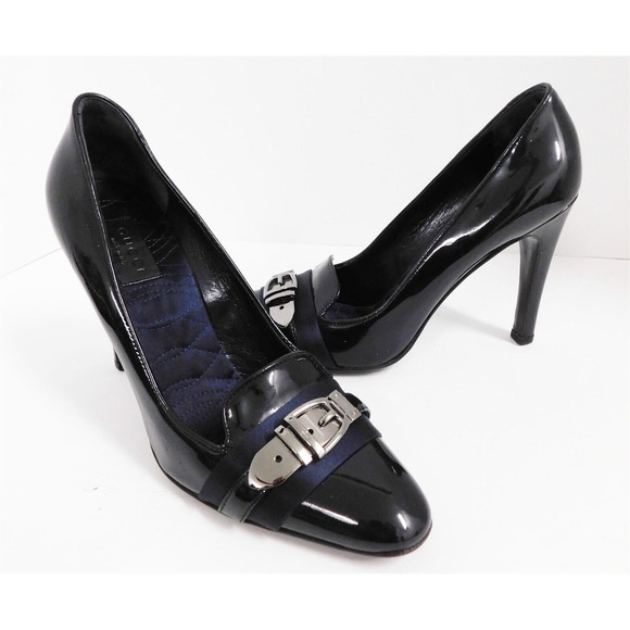 ‎ Black Patent Leather Navy Ribbon Silver Buckle Pumps...